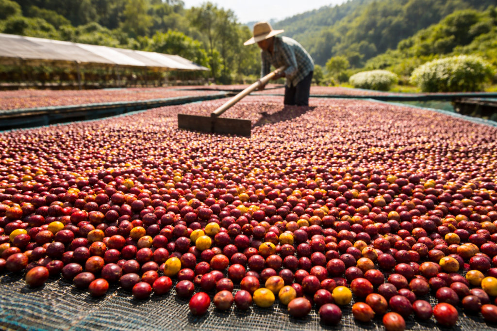 日曬處理咖啡果實曝曬