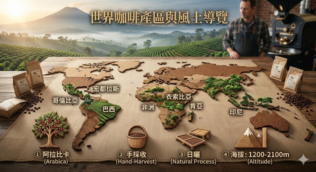 咖啡豆產地概念圖，幫助理解不同國家與產區風味