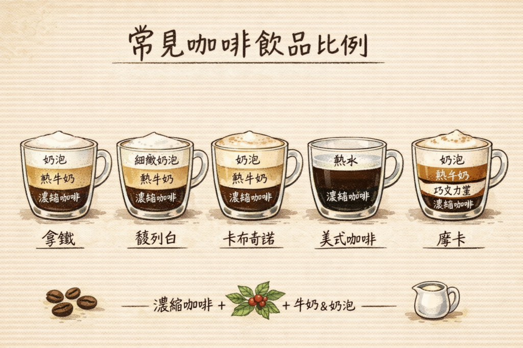 拿鐵 馥列白 卡布奇諾 美式咖啡 摩卡 比例差異示意圖