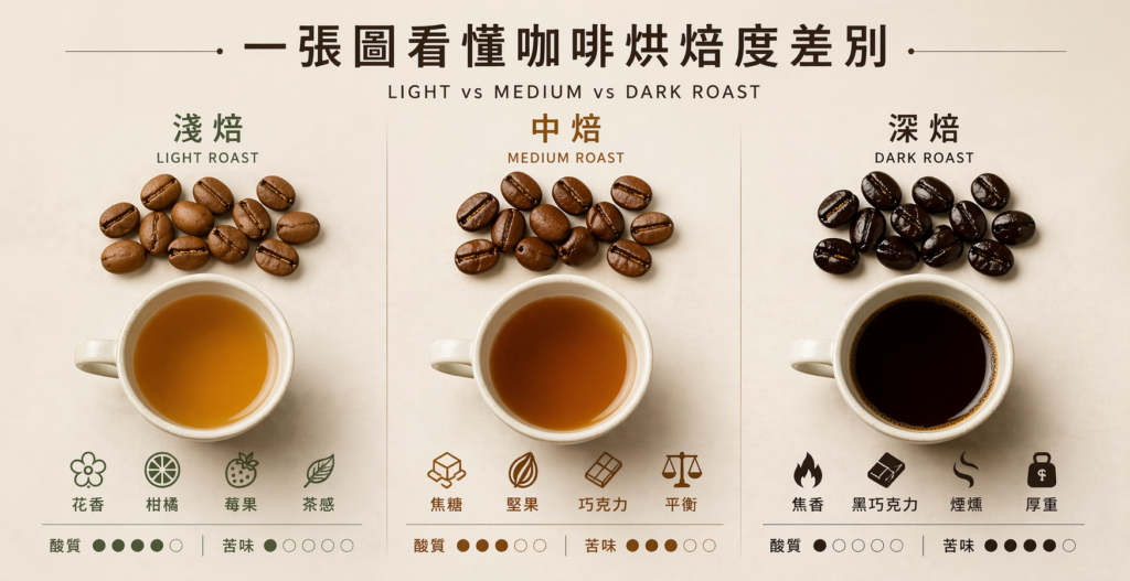 咖啡烘焙度差別比較圖