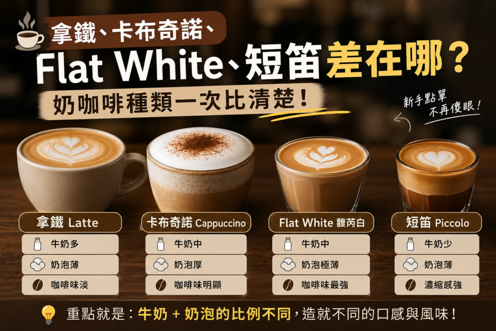 拿鐵 卡布奇諾 馥芮白 短笛 牛奶與奶泡比例比較