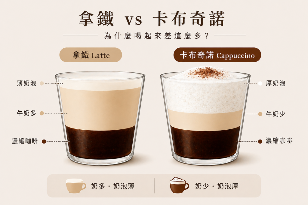 拿鐵 與 卡布奇諾 牛奶與奶泡比例差異 示意圖
