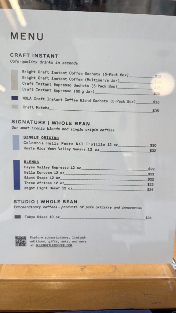 Blue Bottle Coffee whole bean menu Newport Beach