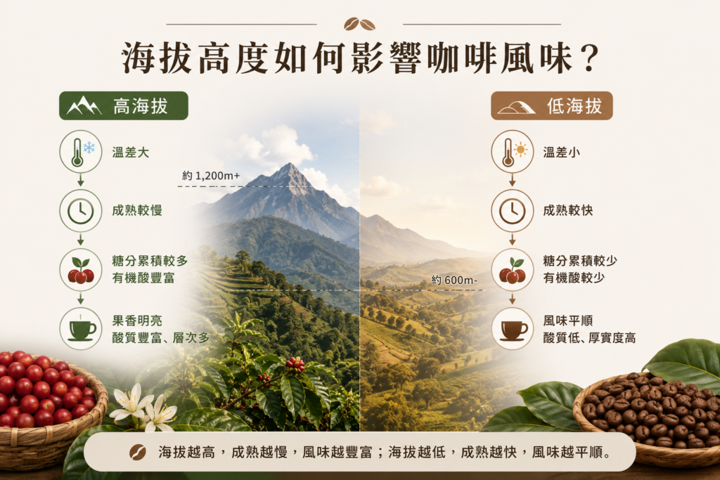 高海拔與低海拔咖啡風味差異示意圖