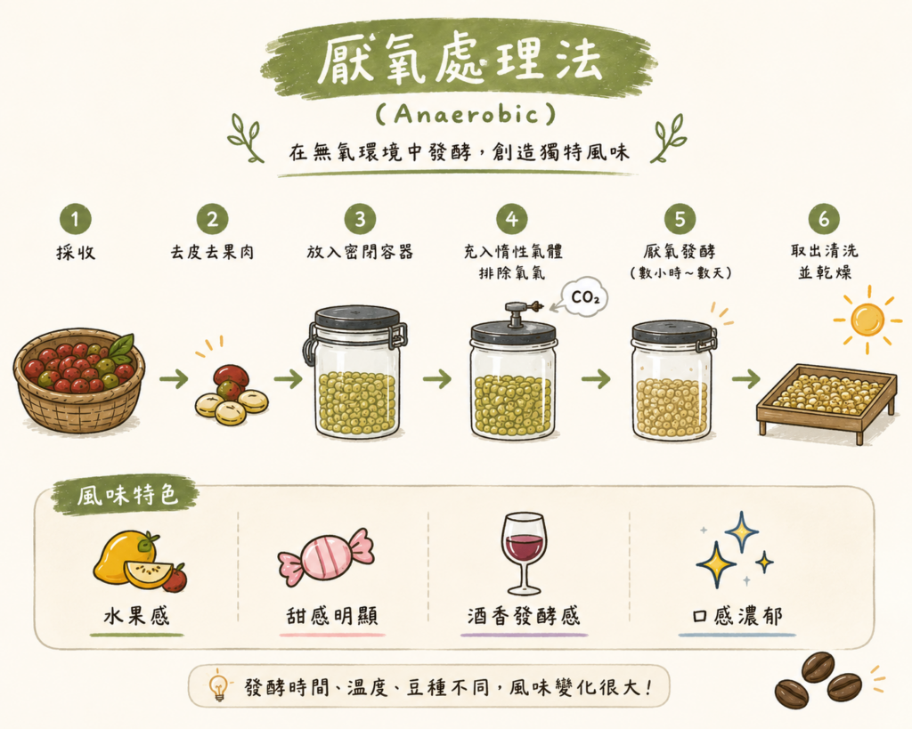 厭氧處理法示意圖，咖啡豆在密封無氧環境下進行發酵