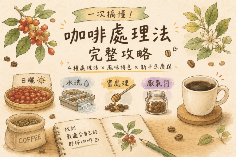 咖啡處理法介紹，包含水洗、日曬、蜜處理與厭氧處理