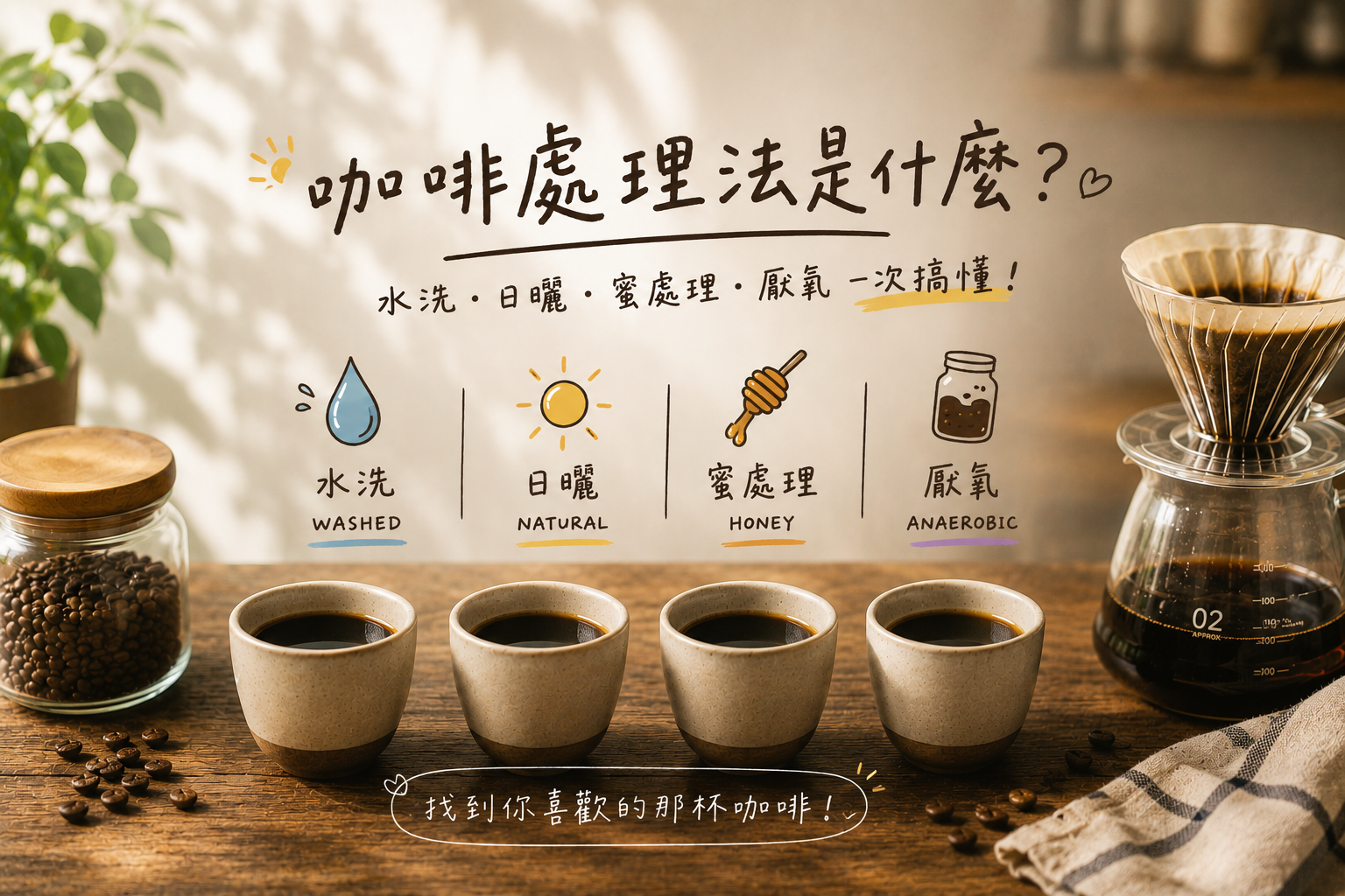咖啡處理法介紹，包含水洗、日曬、蜜處理與厭氧處理