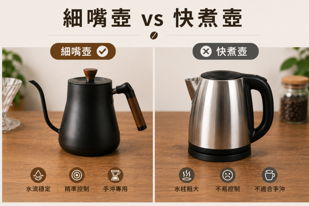 細嘴壺與快煮壺比較，手沖咖啡更容易控制水流