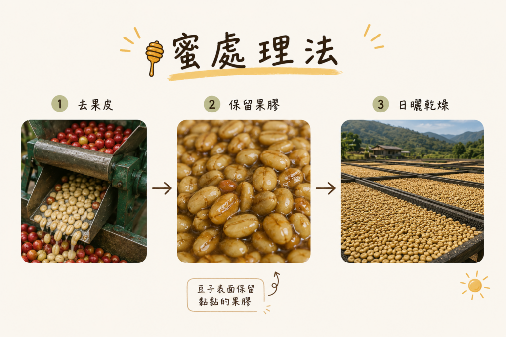 蜜處理法示意圖，保留果膠乾燥的咖啡豆處理方式