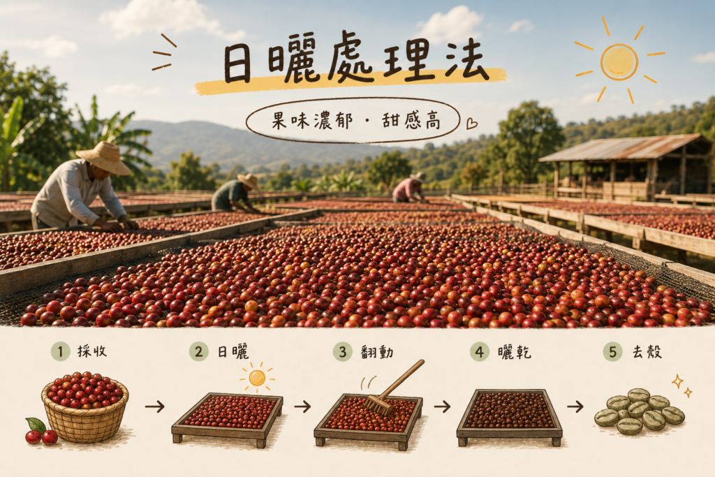 日曬處理法示意圖，整顆咖啡果實直接曝曬乾燥