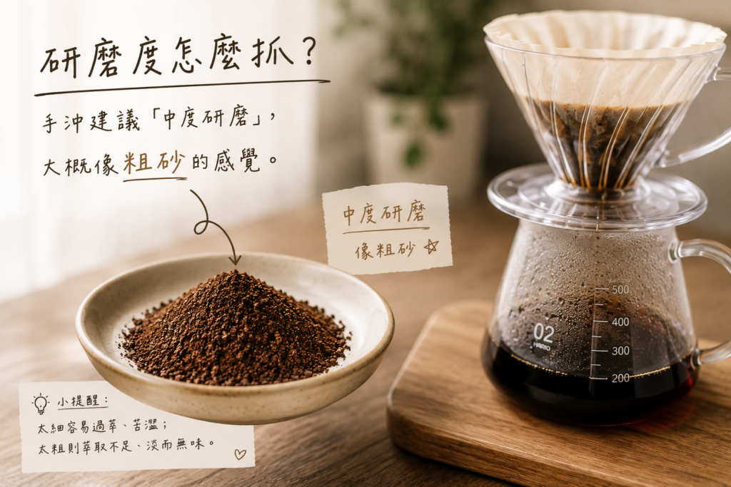 手沖咖啡中度研磨與粗砂顆粒示意