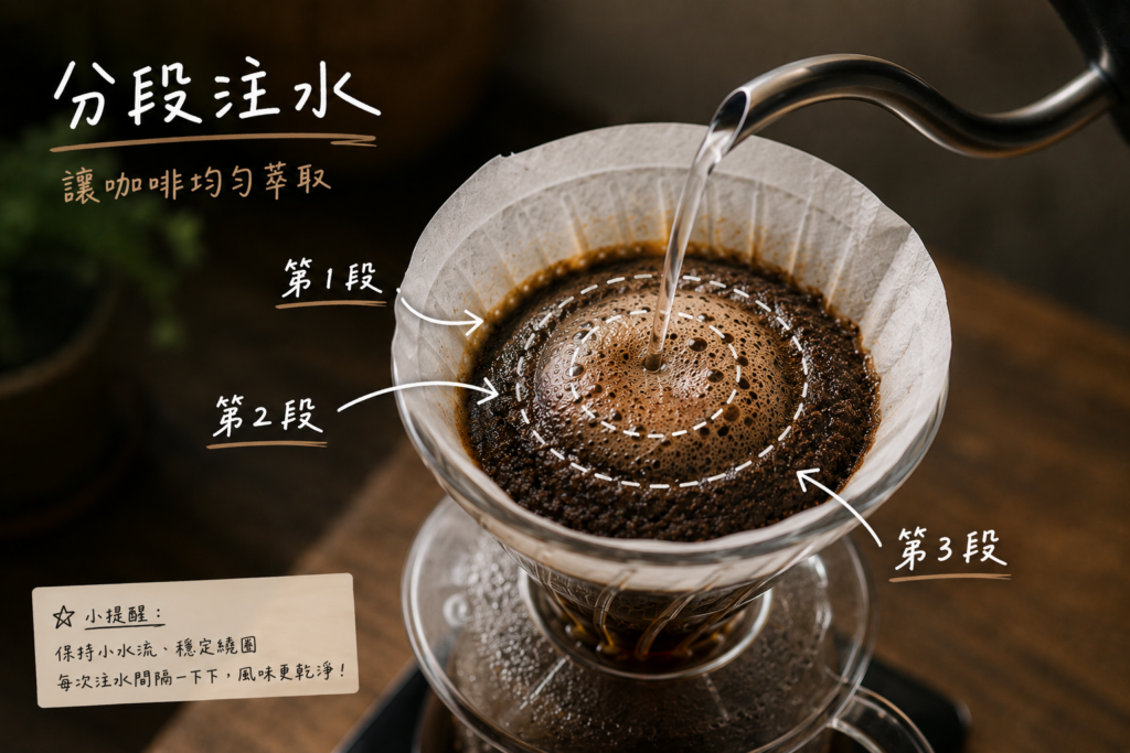 手沖咖啡分段注水與繞圈注水示意