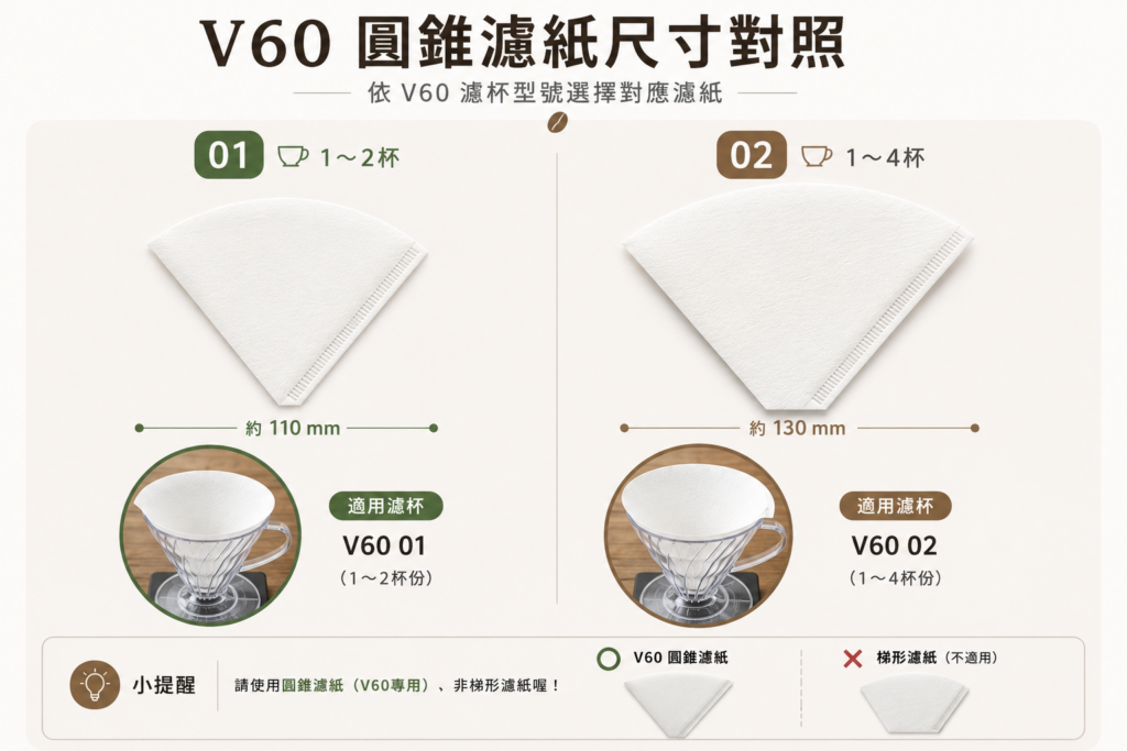 V60濾紙尺寸對照，01與02圓錐濾紙選擇方式