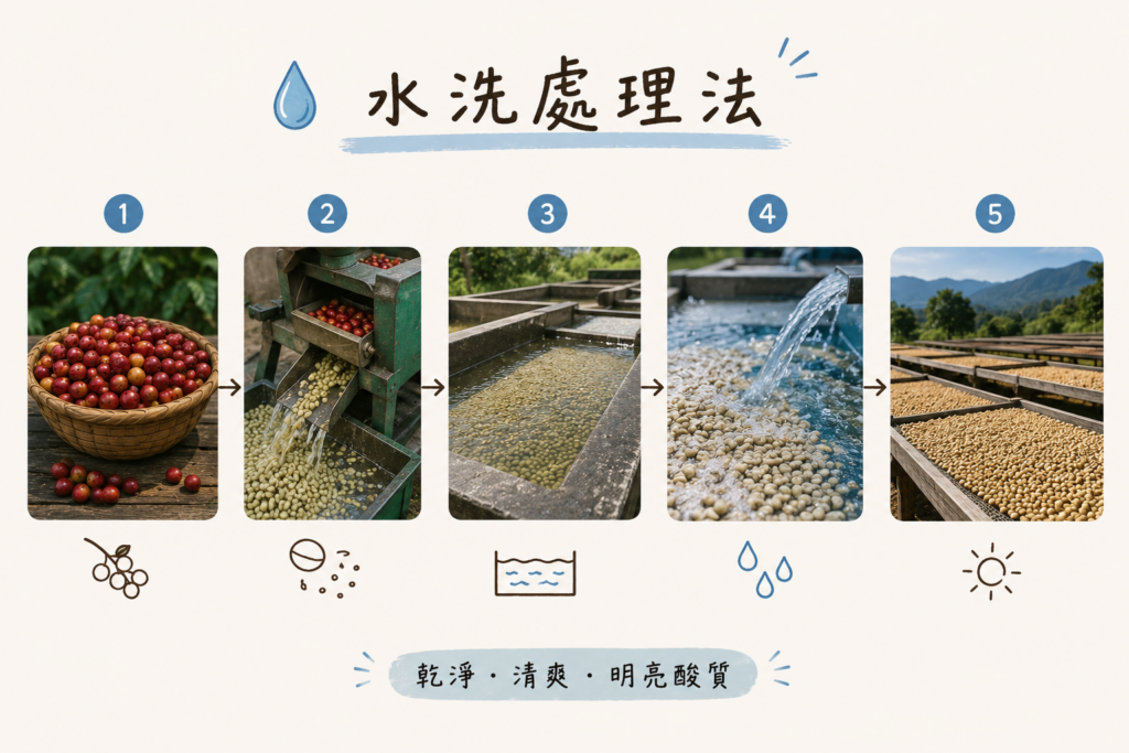 水洗處理法流程示意圖，去除果皮果肉後以清水發酵清洗再乾燥