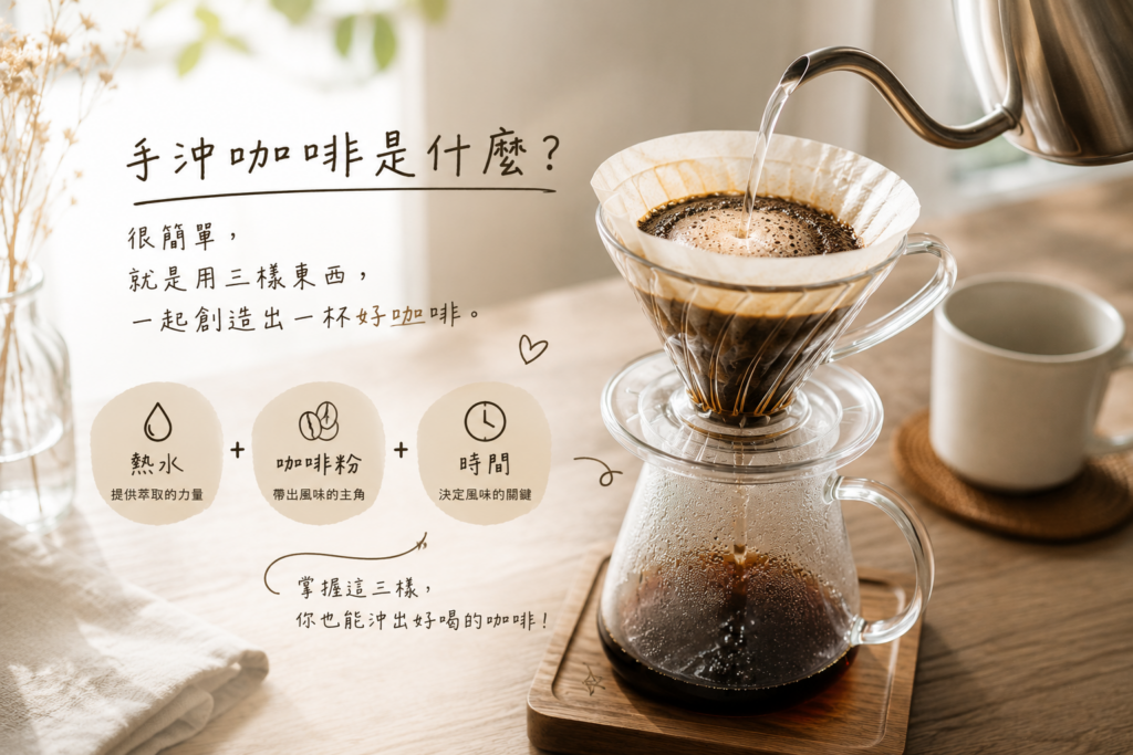 手沖咖啡以熱水萃取咖啡粉的示意圖