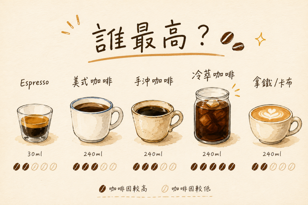 Espresso、美式、手沖、冷萃與拿鐵咖啡因含量比較