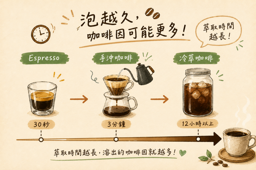 Espresso、手沖與冷萃咖啡萃取時間及咖啡因示意圖